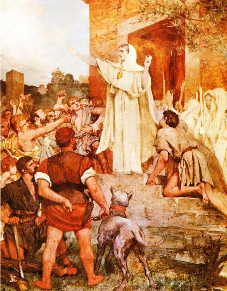 Sint Geneviève probeert de in paniek geraakte Parijzenaars bij de nadering van Atilla ervan te overtuigen niet te vluchten. (oorspronkelijk gebouwd als kerk ter ere van Sainte Geneviève)
