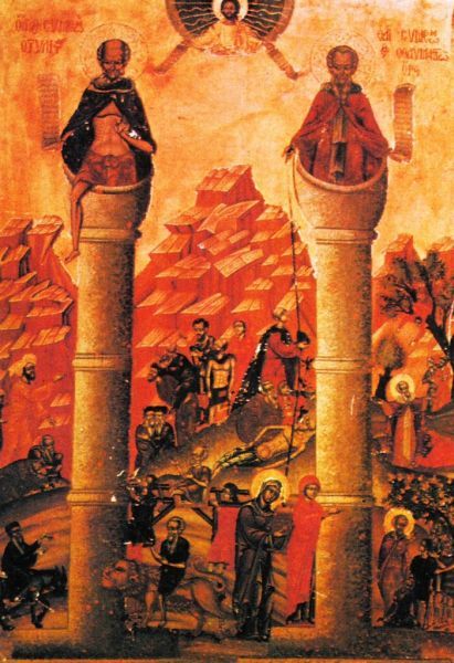 Links: Simeon Stylites Sr. Op de begane grond komen allerlei mensen naar hem toe... Rechts zijn jongere naamgenoot, herkenbaar aan zijn moeder die aan de voet van de pilaar met een heiligenkransje staat afgebeeld.