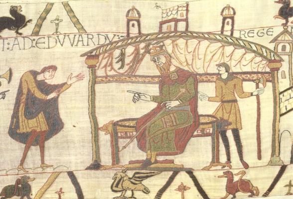 Harold doet verslag aan de koning over zijn bezoek aan Normandië.
