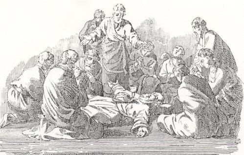 Boekillustratie in [149/1] Lucianus laat zijn stervende lichaam gebruiken als altaar.