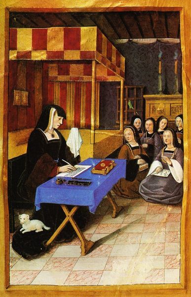 Bladzijde uit een bundel waarin een briefwisseling wordt gepresenteerd tussen Anne en haar gemaal koning Lodewijk. Eerste brief: gekleed in het zwart schrijft Anne de Bretagne onder tranen een brief aan haar man Lodewijk xii die oorlog voert tegen Venetië; ze verzoekt hem naar huis terug te keren. begin 16e eeuw, Bourdichon, handschriftverluchting