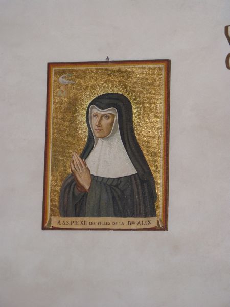 Ca 1950, mozaïek. Gedachteniskapel Alix Le Clerc.