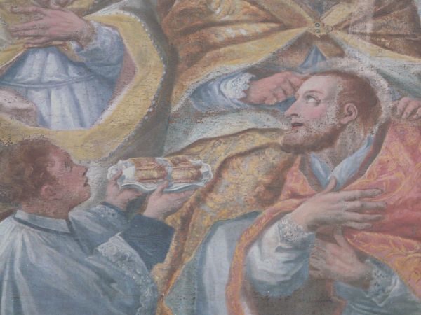 De heilige oliën worden Maximus aangereikt tijdens zijn bisschopswijding door Sint Petrus Ca 1650(?), schilderij (detail)