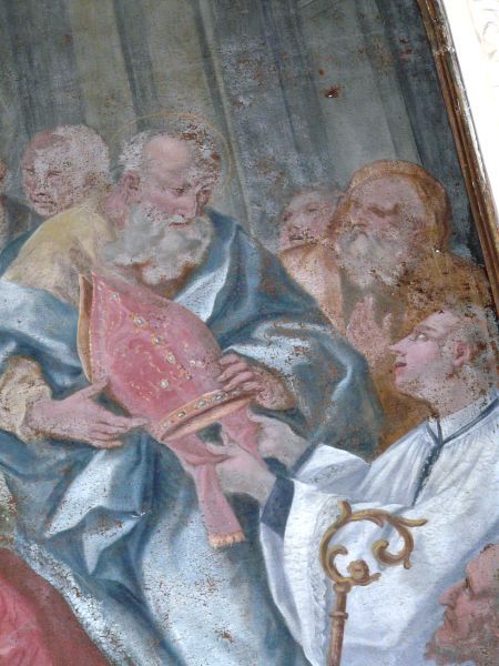 De bisschopsmijter wordt aan Sint Petrus aangereikt om die Maximus op te zetten tijdens diens bisschopswijding. Ca 1650(?), schilderij (detail)