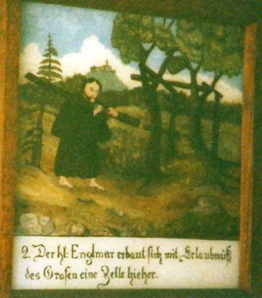 'Der hl. Englmar erbaut sich mit Erlaubnis des Grafen eine Zelle hier'' (Met toesetmming van de graaf bouwt Sint-Englmar een kluizenaarscel)
