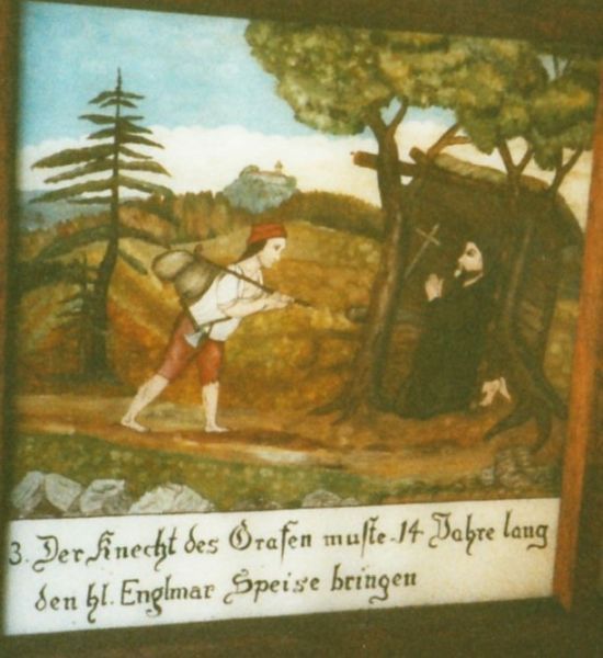 'Der Knecht des Grafen musste vierzehn Jahre den hl. Englmar Speise bringen' (De knecht van de graaf moest veertien jaar lang eten brengen naar Sint Engelmar)