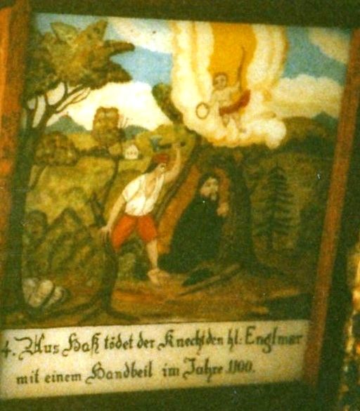 'Aus Hass tötet der Knecht den hl. Englmar mit einem Handbeil im Jahre 1000' (Uit haat doodt de kencht Sint Engelmar met een handbijl in het jaar 1000)