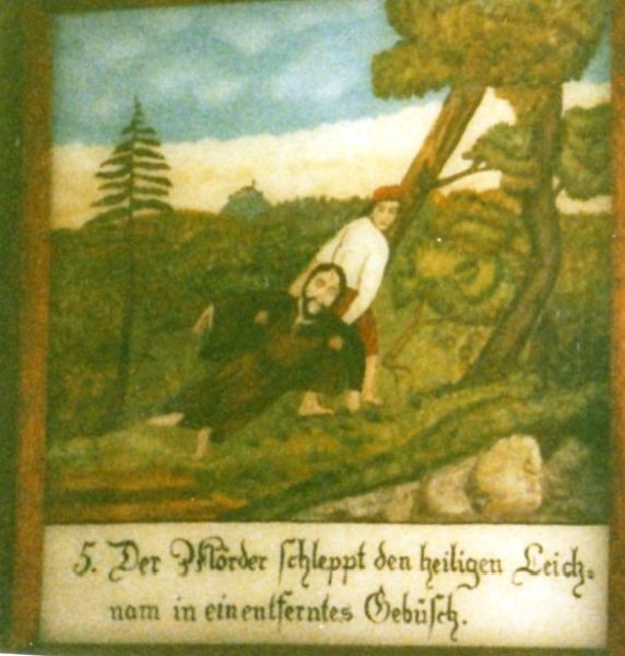 'Der Mörder schleppt den heiligen Leichnam in ein entferntes Gebüsch' (De moordenaar sleept het heilige lijk naar struikgewas een stuk verderop)