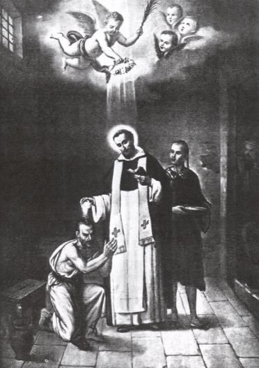 Schilderij door Diess Duitsland (?) Franciscus de Capillas bezoekt een gevangene.