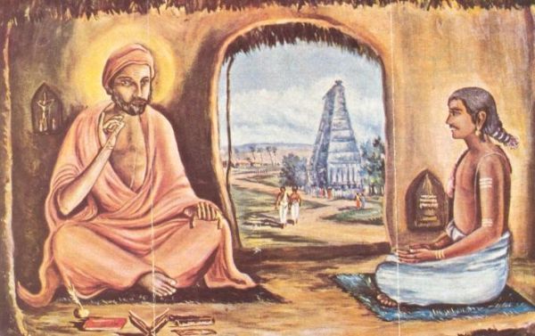 Tekening door Nand lal Mukhpadhay De Nobili legt zijn geloof uit aan een Brahmaanse vriend. Op de achtergrond de beroemde tempel van Meenakshi.