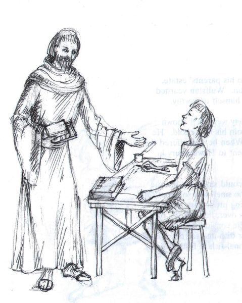 Ded jonge Wulfstan in de kloosterschool van Peterborough