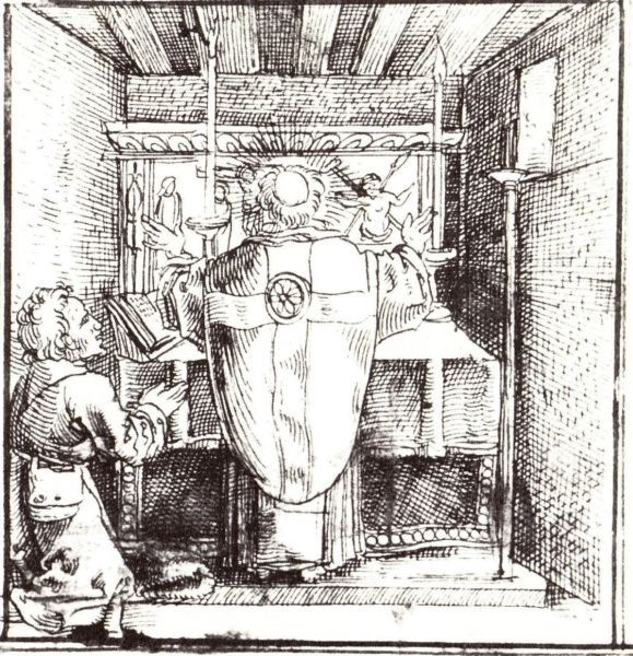 Meinrad draagt de Heilige Mis op.