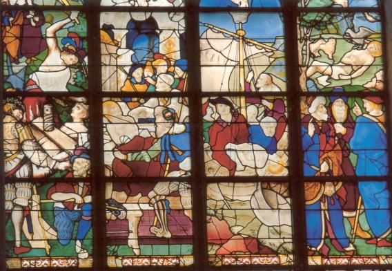 Van links naar rechts: martelaarschap Sint Vincentius, Sint Vincentius geplet onder maalsteen; dood van Sint Vincentius; met molensteen verzwaard lichaam blijft drijven; Vincentius' lijk door raaf bewaakt.