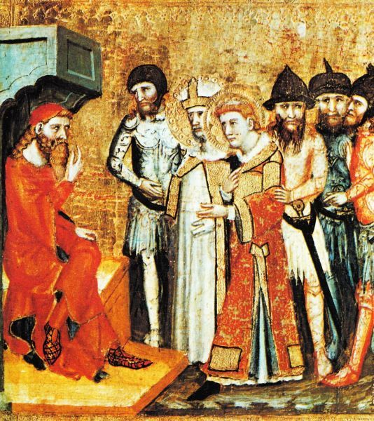 Valerius (met mijter) en zijn diaken Vincentius voorgeleid aan stadhouder Dacius.