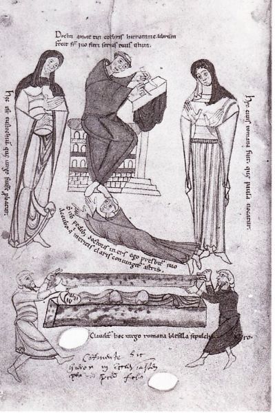 In het midden zetelt Hiëronymus. Hij schrijft een boek. De afbeelding is ontleent aan een uitgave van zijn 'Commentum in Ecclesiasten'. Rechts Eustochium; links: Paula. Beiden volgden hem naar zijn verbaningsoord in Bethlehem nadat Blesilla (onder in de sarcofaag) aan te fanatieke ascese was overleden.