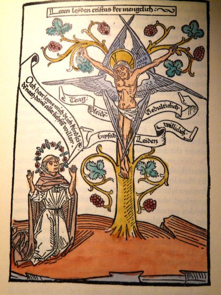 Henricus geknield voor Christus aan een kruisboom. Christus heeft zes serafijnenvleugels. Henricus bidt dat hij mag leren lijden zoals Christus dat heeft gedaan.