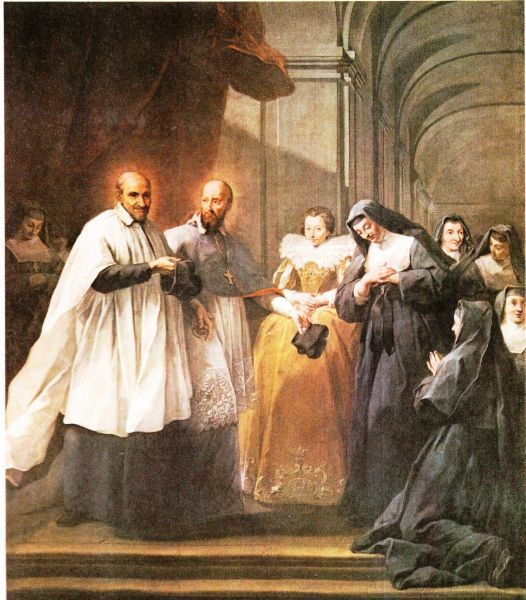 Bisschop Franciscus van Sales (met borstkruis) plaatst Vincentius a Paolo (links) aan het hoofd van de door hem gestichte Congregatie van de Visitandinen.