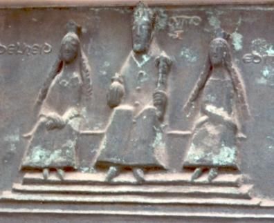 Keizer Otto met Adelheid(1e vrouw, links... aan rechterhand Otto) en Editha(2e vrouw, rechts... aan linkerhand Otto).