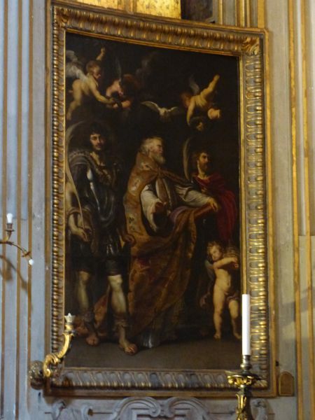 Papias en Maurus aan weerszijden van paus Gregorius de Grote (3 sep). Vóór 1640, Rubens, schilderij.