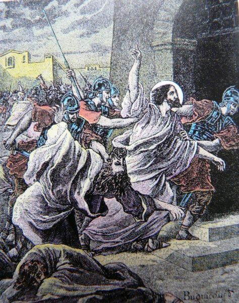 Eubert en Piatus opgebracht om ter dood veroordeeld te worden. ± 1910(?), gravure. in: Prache, 1988 p:10.