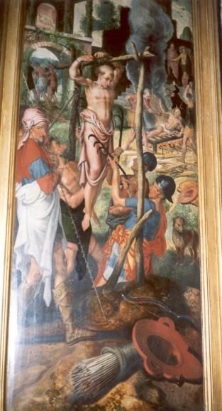 Op de achtergrond Laurentius op rooster. Op de voorgrond de marteling van Blasius.