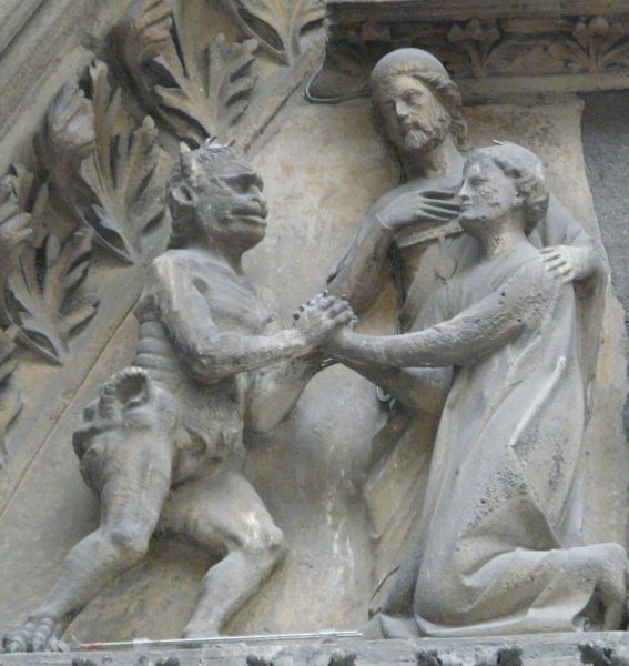 Theofilus verkoopt zijn ziel aan de duivel. ± 1300, steensculptuur.