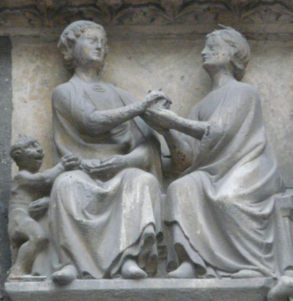 Theofilus onder invloed van de duivel. ± 1300, steensculptuur.