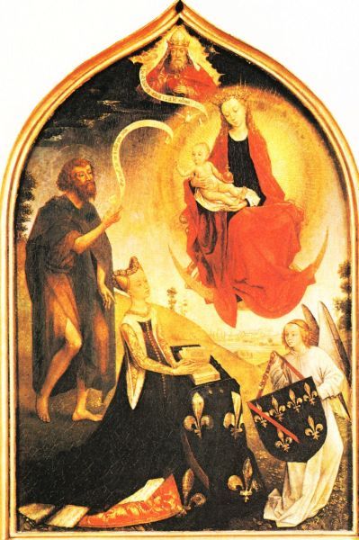 De Madonna verschijnt aan de biddende Johanna. Achter haar Johannes de Doper. De engel draagt het wapenschild met de Franse Lelies. Ook het kleed over de bidstoel vertoont die lelies. Johanna wordt geïnspireerd de Congrehgatie van de Annonciaden te stichten. vóór 1494, paneelschildering, Hans Memlinc,