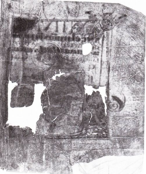 Wat er rest van het 'zwaar gehavende' wonder handschrift van Pürten. Dit is een bladzijde, waarop een afbeelding van de evangelist Markus te zien zou zijn. [gevonden in Beek 'Waanzin in de Middeleeuwen', 1969]