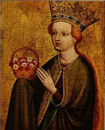 Dorothea van Cesarea als hemelse vorstin (kroon; op gouden ondergrond) met bloemen en vruchtenmandje.