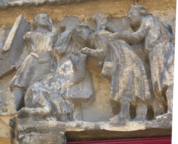 Moord op Sint Victor. Victor is te herkennen aan de herderstas opzij. Van achter wordt hem een dolk in de nek gestoken. Voor hem op de kniën: zijn zuster Suzanna bij wie zojuist de ogen zijn uitgestoken? Ca 1550, sculptuur