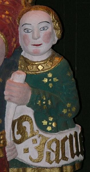 Jacut als zoontje van Sainte Gwenn met de drie borsten ± 1500(copie), steensculptuur