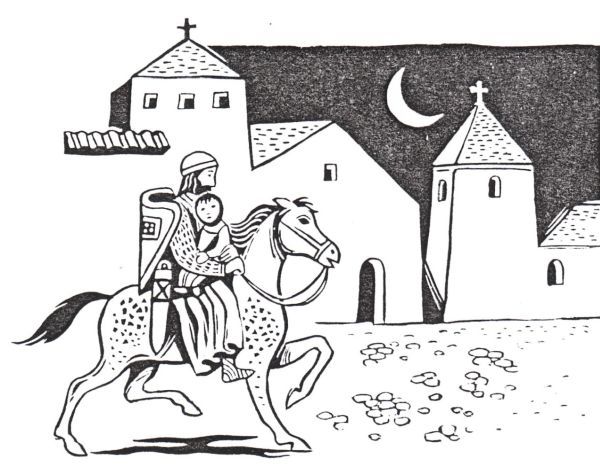 Koning Oswiu brengt zijn dochtertje naar het klooster. Ca 1980, Dui, boekillustratie