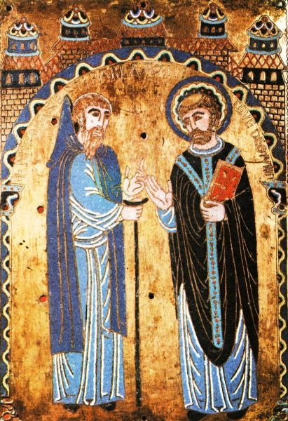Tijdens een bedevaart naar Bari zou Sint Nicolaas (recht smet boek en aureool) aan Stefanus verschenen zijn (links zonder heiligenkrans).