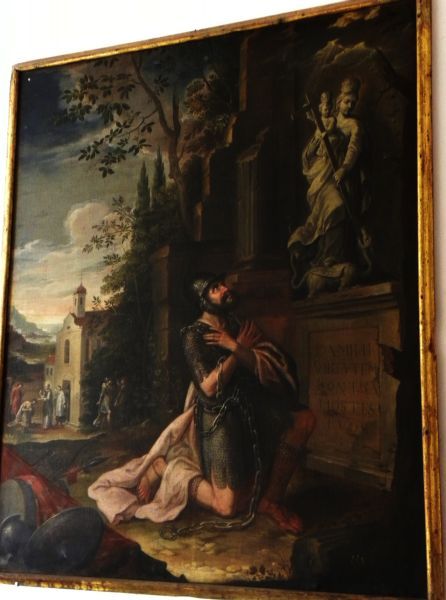 Guilieilmus geknield voor beeld Madonna (op achtergrond wordt hij voor de deur van een kerkje berispt door Bernardus van Clairvaux).