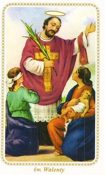 Litouwen Valentijn als priester. Links het blinde meisje; rechts een moeder met een gehandicapt kind (afkomstig uit het verhaal van Valentinus van Terni!)