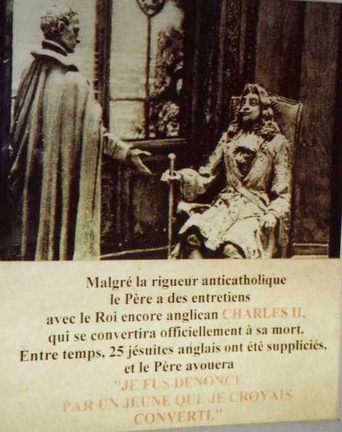 Lichtplaat. Frankrijk, Bourgondië, Paray-le-Monial, herinneringskapel. In Schotland voert Claude geloofsgesprekken met de anglicaanse koning Karel II.