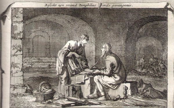 Pamfilus in de gevangenis bezocht door zijn vriend, de plaatselijke bisschop en kerkhistoricus Eusebius. in Cav.1698/2