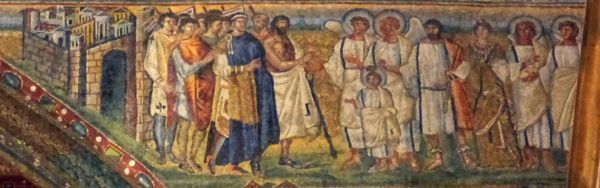 Waarschijnlijk een illustratie bij de legende van Jezus' komst in Hermopolis Magna. Links de stad Sotinen. De hele bevolking is uitgelopen om Jezus te ontmoeten. Op de voorgrond: de vorst Afrodosius (zijn naam betekent: geschenk van Afrika!), in purper en goud gekleed, en een kroon op het hoofd. Naast hem, met ontbloot bovenlijf, een filosoof uit de zogeheten cynische school. Die filosofie streefde naar een zuivere levenswijze, dichtbij de natuur. Ze werd vooral aangehangen in de Egyptische(!) stad Alexandrië. Die filosoof brengt dus tot uitdrukking dat ook de toenmalige filosofie in Christus het goddelijk Woord (Logos) onderkent.