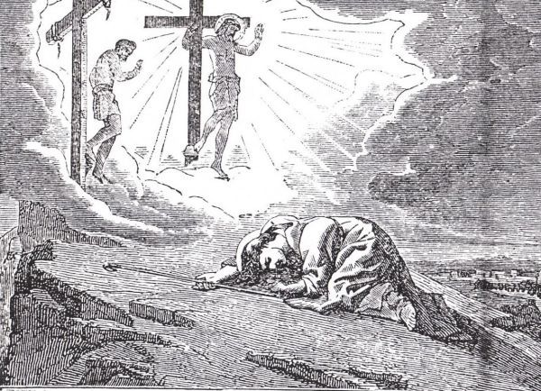 Porfyrius' wonderbaarlijke genezing op de Calvarieberg. Dismas (links) stapt van het kruis af om Porfyrius (liggend op de voorgrond) overeind te helpen met de zegen van Christus (midden) die zijn genezing zal bewerkstelligen. Ca 1910, gravure, boekillustrtaie, Nederland