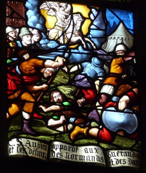 Verschijnend als een hemels strijder verdrijft Sint Albinus de Vikingen die de stad Guérande bedreigen.