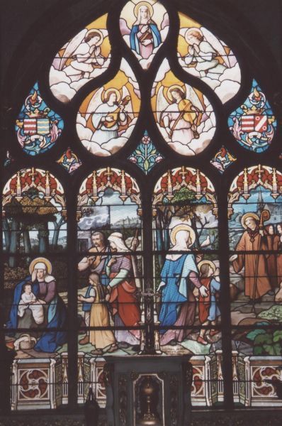 Li: Sint Non(na) schenkt het leven aan Sint David van Wales. Buurtbewoners zien bewonderend toe. Re: David toevertrouwd aan leermeester Paulinus.