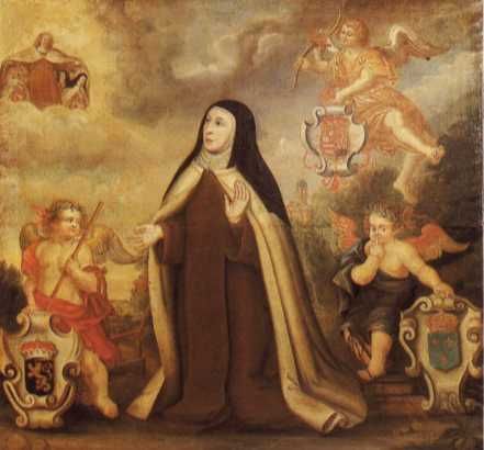Illustratie. Anna van Jezus met de wapenschilden van Spanje, Frankrijk en de Nederlanden.
