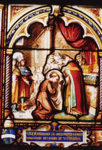 Sint Géran ontvangt in Engeland het kloosterhabijt uit handen van Sint Tugdual.