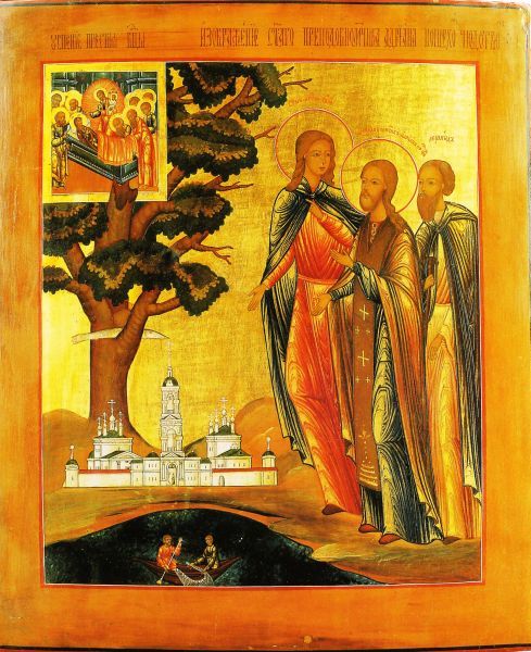 Een engel wijst Adrianus de weg. Hij wordt gevolgd door Leonides (uiterst rechts). In de boom vóór hen: een icoon van de Ontslaping van de Moeder Gods (Sterfbed Maria). Aan de voet van de boom klooster Poshekhonye, door Adrianus gesticht en genoemd naar de icoon. Op de voorgrond twee vissers (verwijzing naar roepingsverhaal van Petrus en Andreas?)