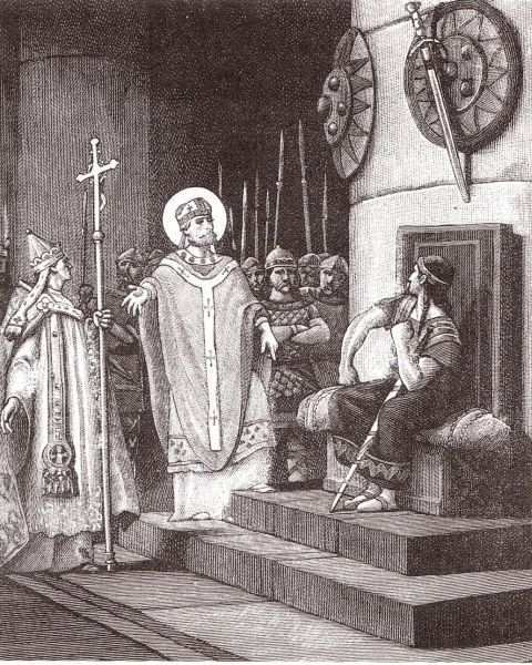 Chrodegang onderhandelt met de bevelvoerder van de Lombarden ten gunste van paus Eugenius II. Maar beiden kunnen niet tegelijk in Rome resideren, aldus de Lombardische hoofdman. Daarop neemt Chrodegang de paus mee naar St-Denis bij Parijs. in Pra.1988p:139.
