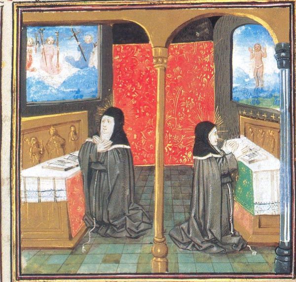 Christus verschijnt: Links: als Man van Smarten met lijdensattirbuten. Rechts: als Verrezene.