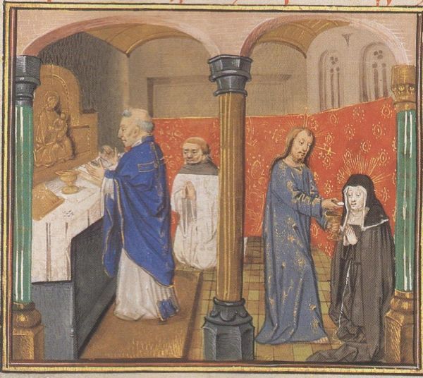 Coleta woont mis bij. Links: en heeft gezien hoe de misdienaar water in plaats van wijn in de kelk heeft gedaan. Rechts: Christus zelf reikt haar de communie uit.