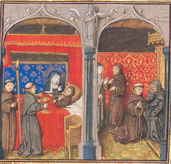 Links: Coleta bezoekt een geleerde franciscaner pater die stervende is. Zij maant het aan te biechten, en weet... Rechts: ... weet dat hij tot drie keer toe uit schaamte een onwaardige biecht spreekt.