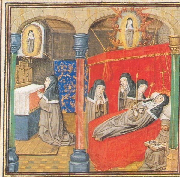 Rechts: Coleta sterft te midden van de zusters; naast haar bed zit pater Pierre de Vaux. Links verschijnt Coleta aan een medezuster in gebed.